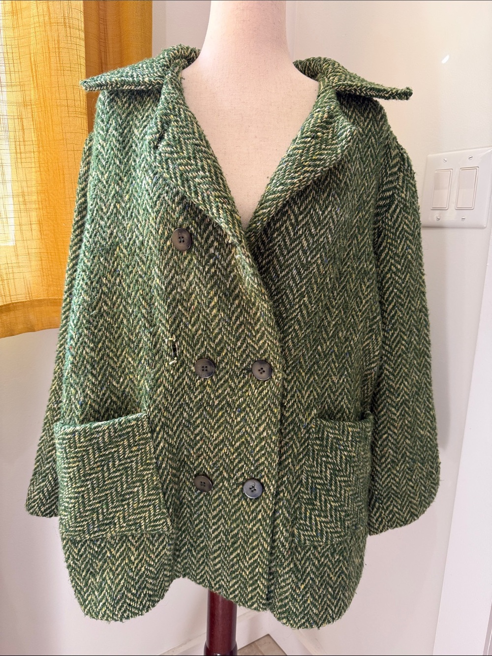 Green Herringbone Double-Breasted Peacoat